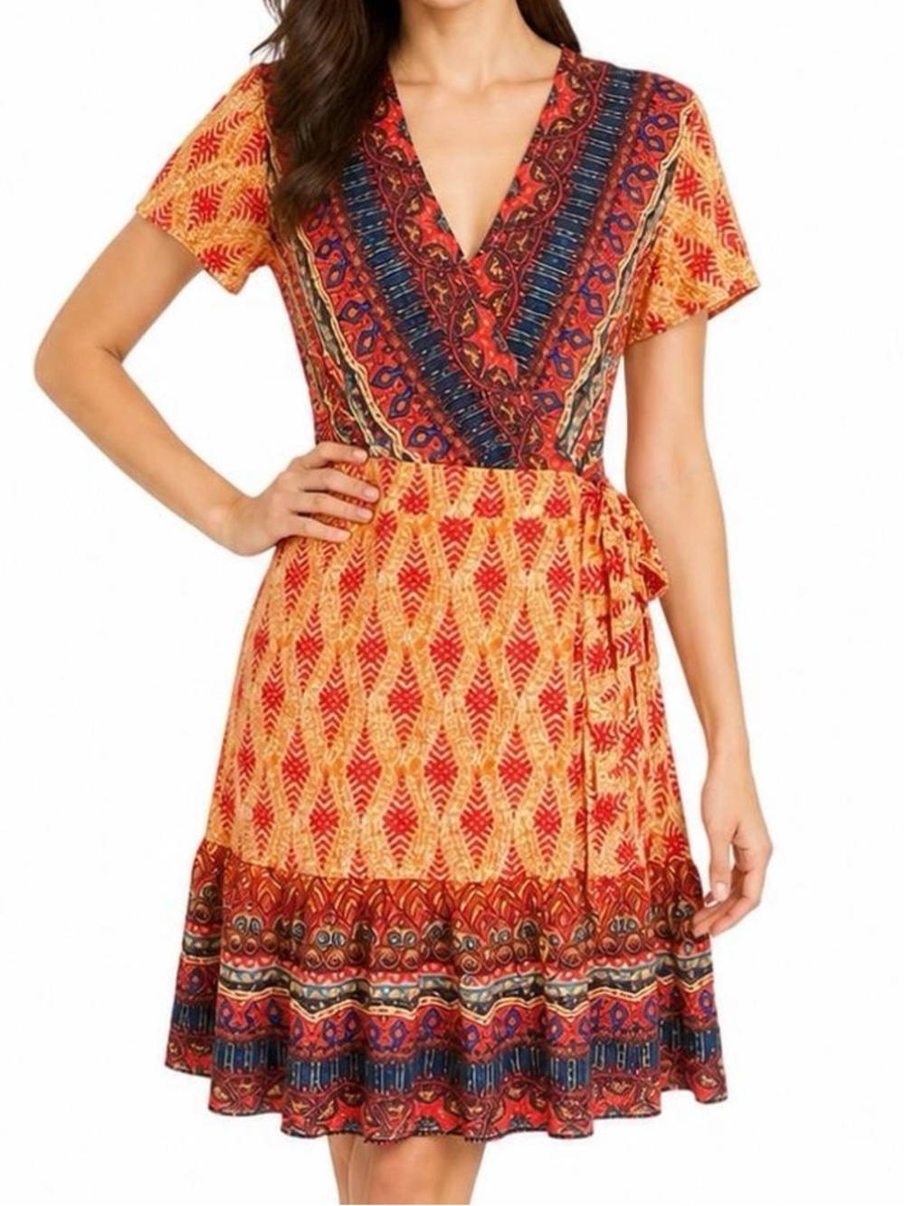 Zesica Red & Navy Printed Wrap Mini Dress